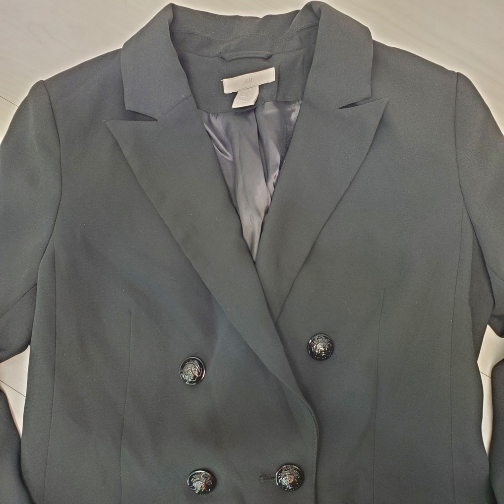 H&M Womens Black Double Breasted Blazer Crest Buttons Longline Jacket XS Goth